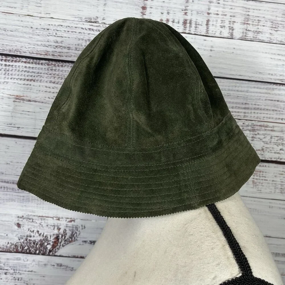 J. Crew Women's M/L 100% Leather Suede Bucket Hat Designer Classic Green Tassel